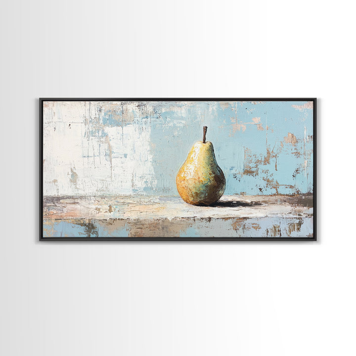 Golden Pear Still Life On Blue Rustic Canvas Print, Kitchen Wall Art, Farmhouse Fruit Decor, Neutral Home Decor, For Dining Room
