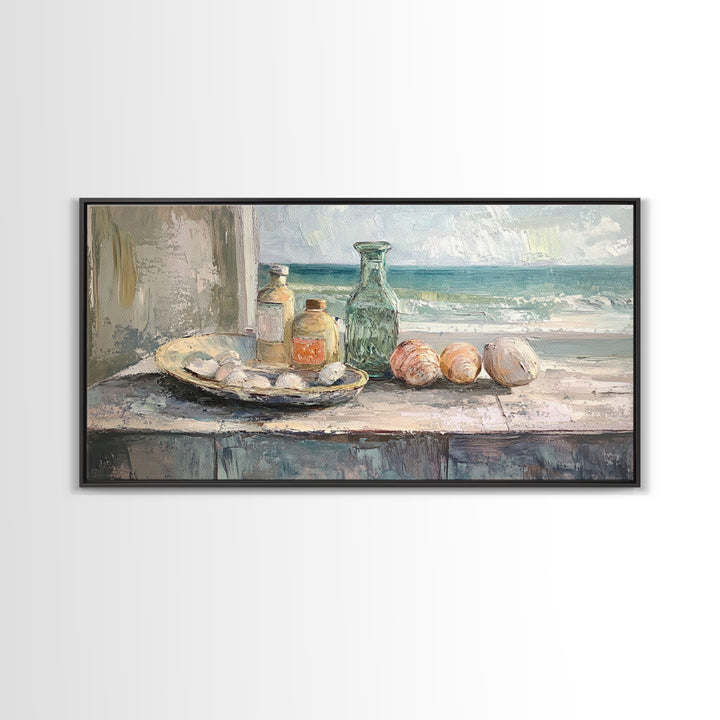 Seashells And Green Glass Bottle Canvas Print, Coastal Kitchen Wall Art, Beach House Decor, Nautical Still Life Fine Art Print