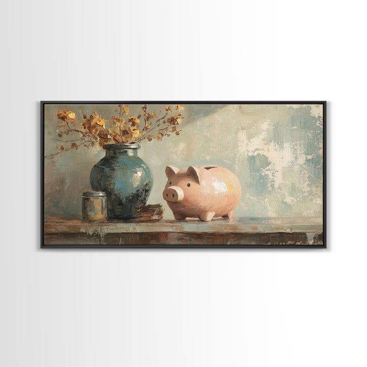 Pink Piggy Bank And Rustic Vase Wall Art, Whimsical Farmhouse Decor, Nursery Animal Canvas Print, Housewarming Gift, Gift For Her
