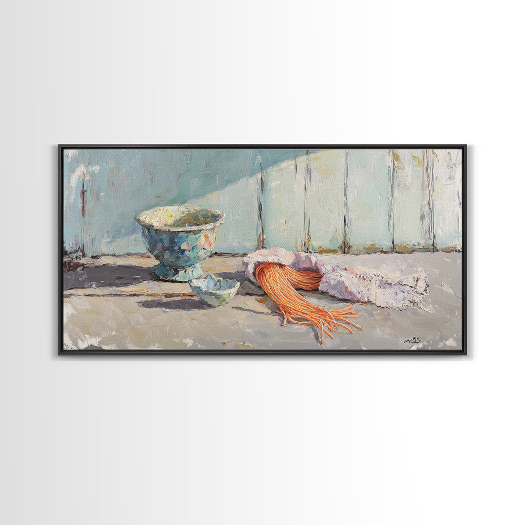 Coastal Bowl And Coral Still Life Wall Art, Textured Canvas Print For Beach House Decor And Ocean Nautical Living Room Decor
