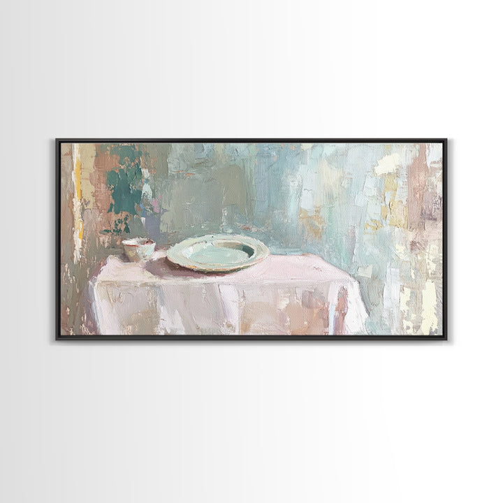 Pale Plate And Bowl Still Life Wall Art, Minimalist Kitchen Decor, Neutral Canvas Wall Art, Modern Dining Room Print, Home Decor