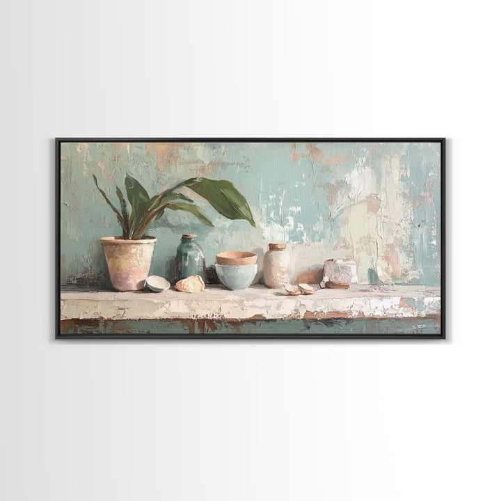 Potted Plant And Ceramic Bowl Canvas Print, Botanical Wall Art, Japandi Kitchen Decor, Neutral Home Decor For Living Room