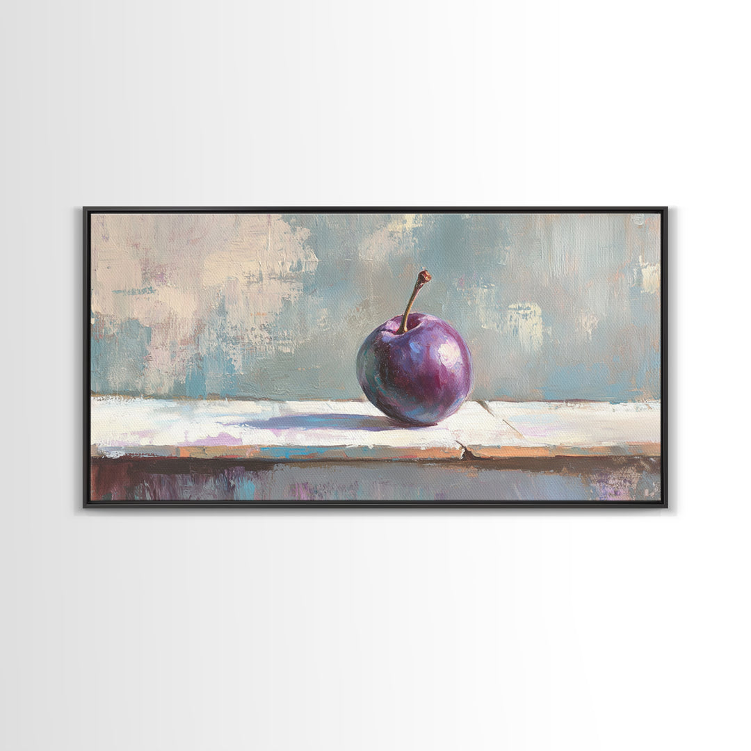 Single Purple Plum Still Life Canvas Print, Minimalist Kitchen Wall Art, Fruit Art Painting, Modern Rustic Home Decor Gift