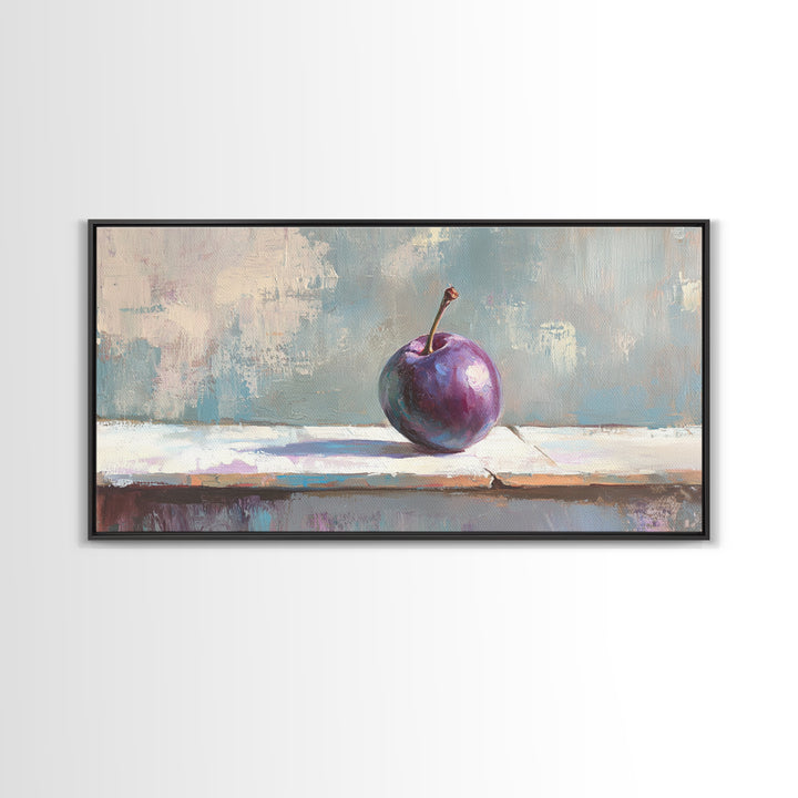 Single Purple Plum Still Life Canvas Print, Minimalist Kitchen Wall Art, Fruit Art Painting, Modern Rustic Home Decor Gift