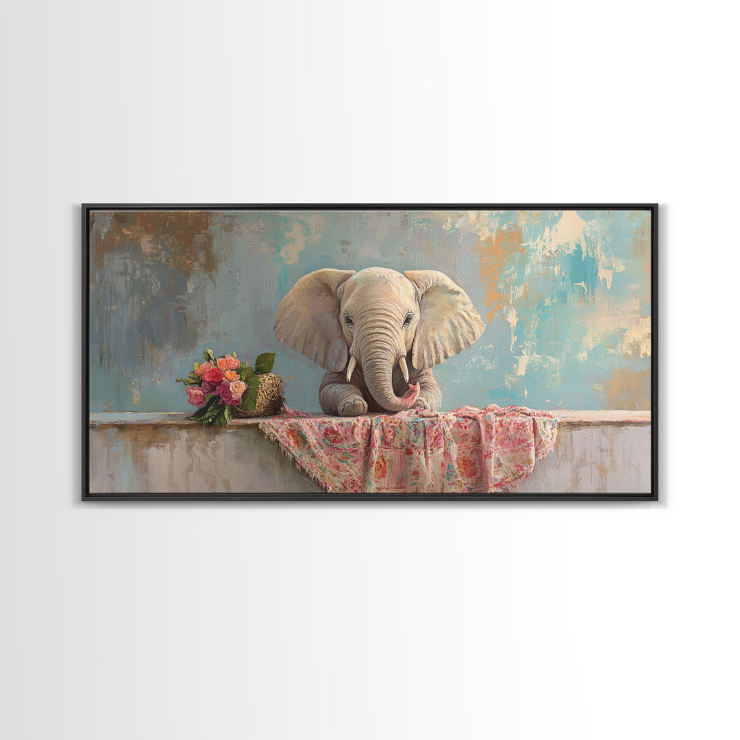 Baby Elephant With Flowers Framed Canvas Print, Safari Nursery Wall Art, Animal Wall Decor, Whimsical Kids Room Decor, Baby Shower Gift