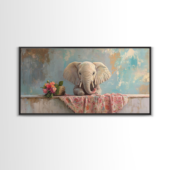 Baby Elephant With Flowers Framed Canvas Print, Safari Nursery Wall Art, Animal Wall Decor, Whimsical Kids Room Decor, Baby Shower Gift