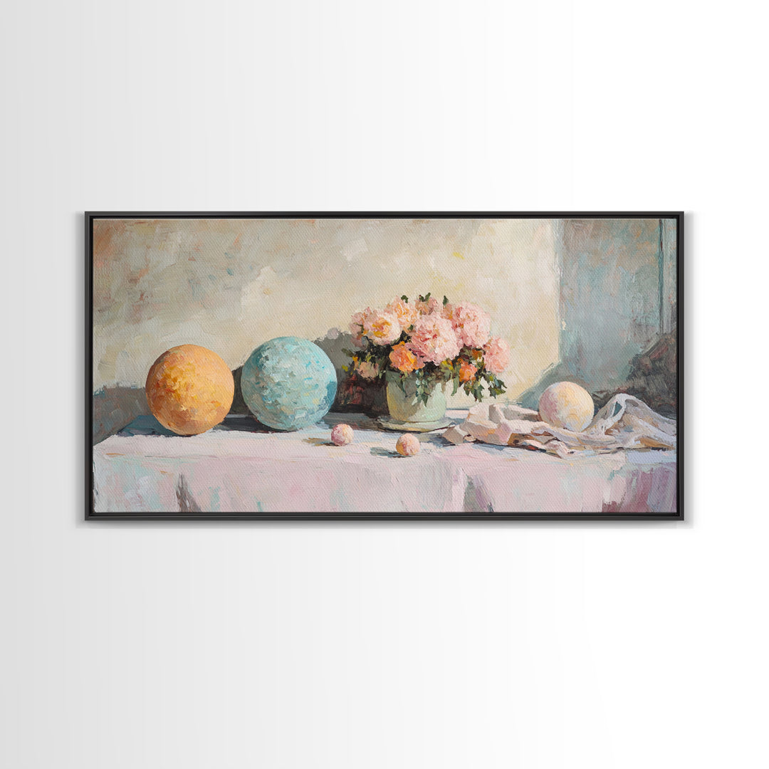 Pastel Orbs And Pink Flowers Canvas Print, Feminine Floral Wall Art, Dreamy Still Life Decor, Soft Bedroom Wall Decor For Her