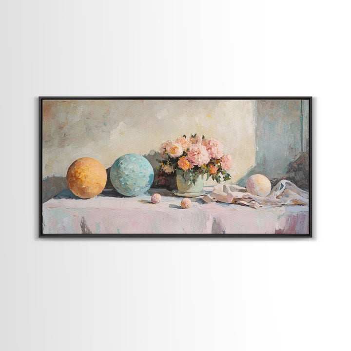 Pastel Orbs And Pink Flowers Canvas Print, Feminine Floral Wall Art, Dreamy Still Life Decor, Soft Bedroom Wall Decor For Her