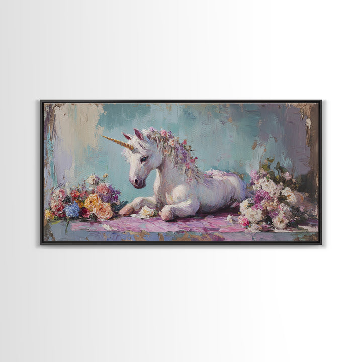 White Unicorn With Floral Garland Canvas Print, Fantasy Nursery Wall Art, Whimsical Girls Room Decor, Magical Gift For Her