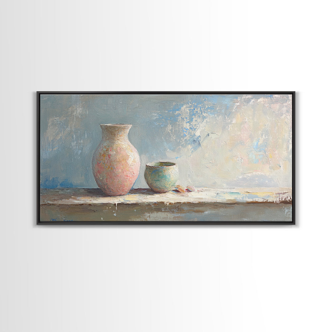 Pastel Ceramic Vase And Small Pot Wall Art, Minimalist Still Life, Neutral Home Decor, Modern Farmhouse Art, Living Room Decor