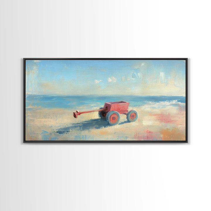 Red Toy Wagon On Sandy Beach Canvas Print, Coastal Nursery Wall Art, Whimsical Ocean Decor, Summer Kids Room Decor Print
