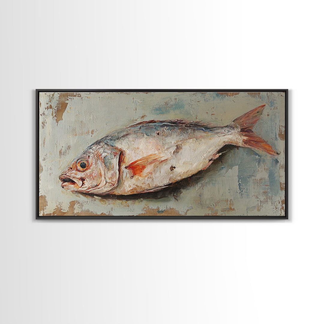Rustic Whole Fish Oil Painting Wall Art, Coastal Kitchen Decor, Seafood Still Life, Nautical Dining Room Canvas Art Print