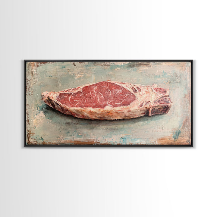 Raw Steak Oil Painting Canvas Print, Butcher Shop Kitchen Wall Art, Rustic Food Decor, Dining Room Art For Chefs, Restaurant Decor