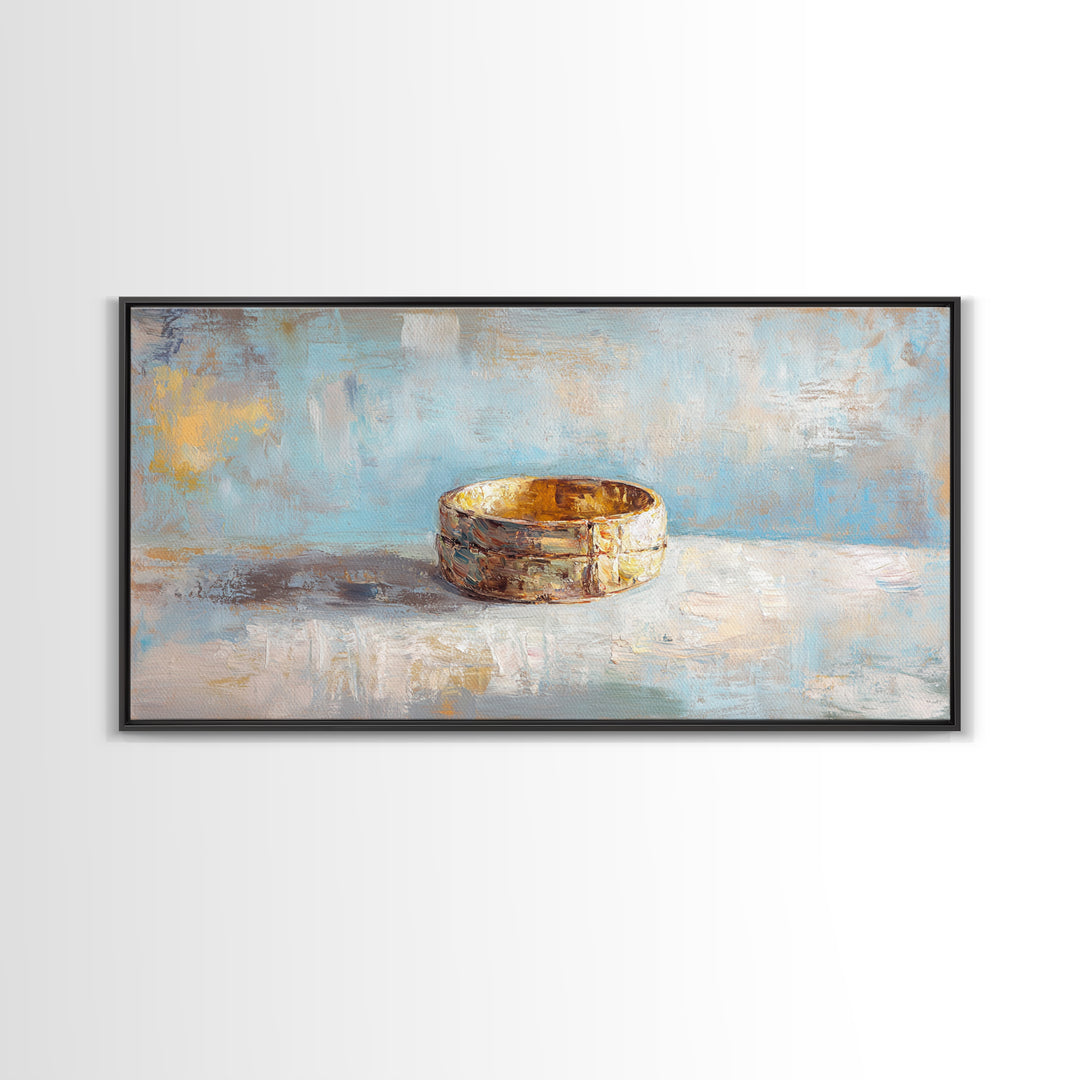 Gold Wedding Band Still Life Wall Art, Romantic Bedroom Decor, Anniversary Gift, Elegant Framed Canvas Print For Couples