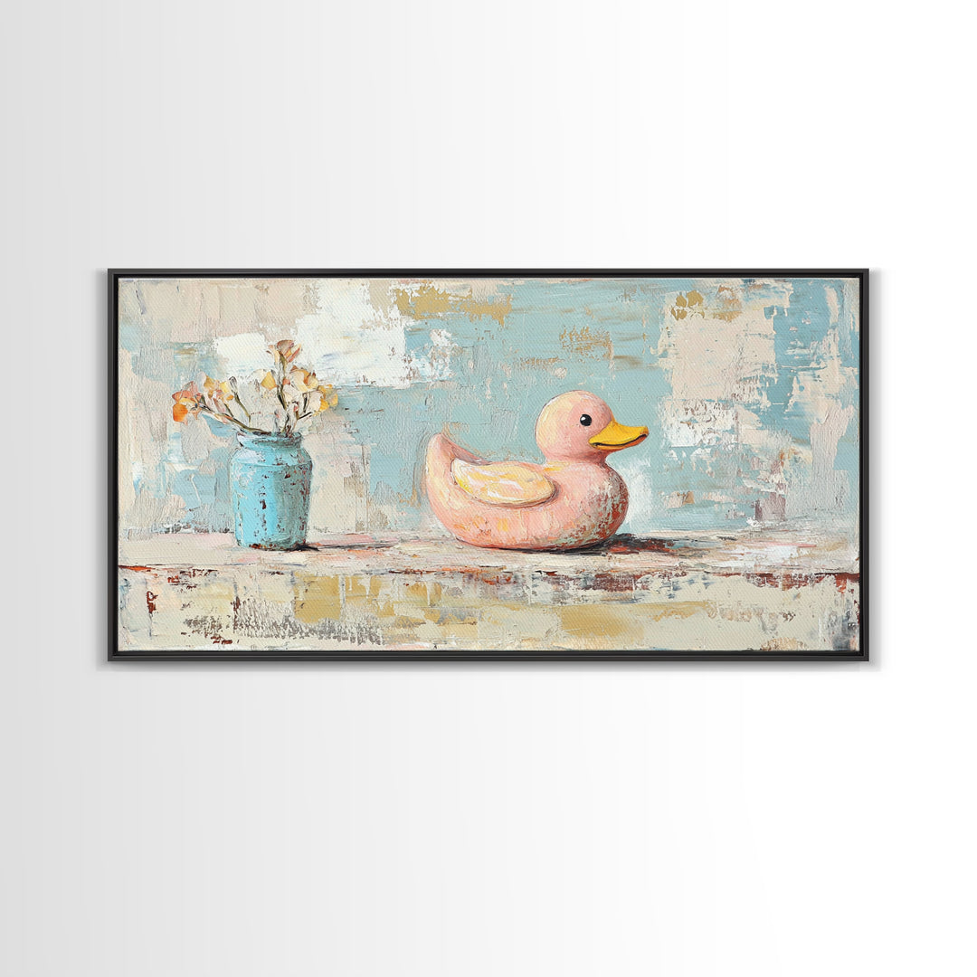Whimsical Pink Duck With Flowers Canvas Print, Cute Bathroom Wall Art, Nursery Decor, Playroom Art, Gift For Her, Kids Room Decor