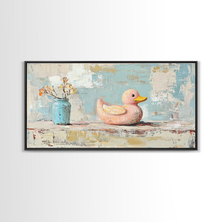 Whimsical Pink Duck With Flowers Canvas Print, Cute Bathroom Wall Art, Nursery Decor, Playroom Art, Gift For Her, Kids Room Decor