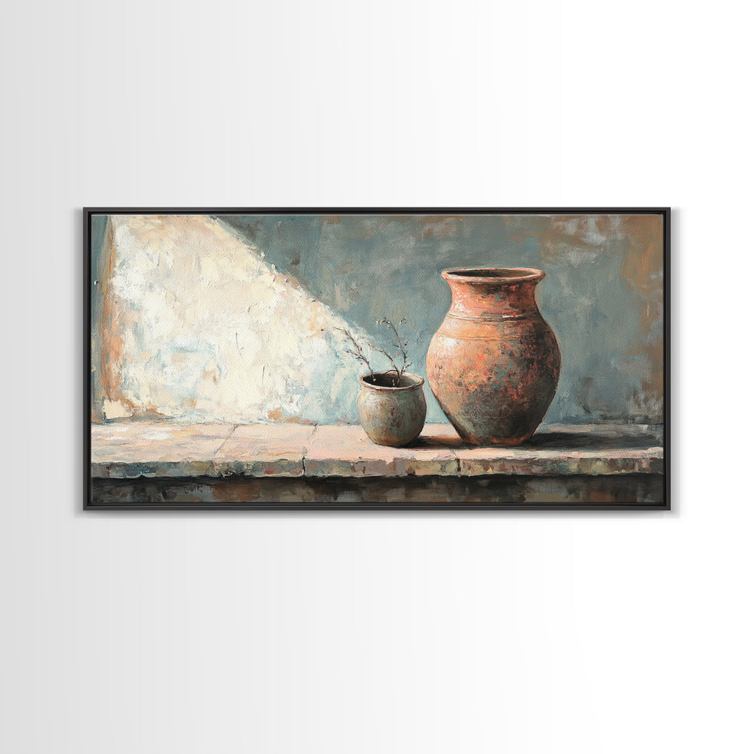 Rustic Terracotta Vase Still Life Wall Art, Earth Tone Kitchen Decor, Farmhouse Canvas Print, Warm Neutral Living Room Art
