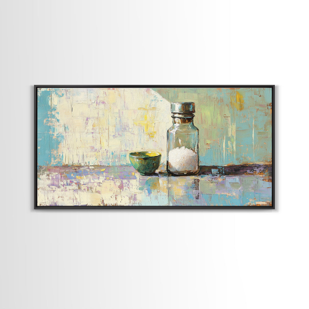 Sunlit Salt Bottle And Green Bowl Canvas Print, Minimalist Kitchen Wall Art, Coastal Neutral Decor, Modern Home Decor Gift