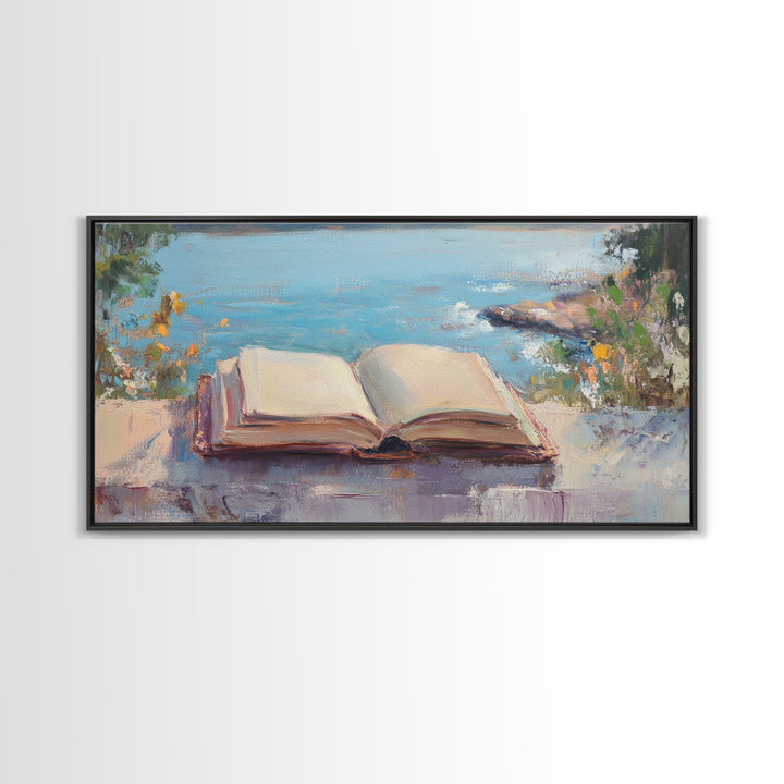Open Book By The Lake Wall Art, Reading Nook Decor, Literary Art Print, Coastal Landscape Canvas, Book Lover Gift, Home Decor