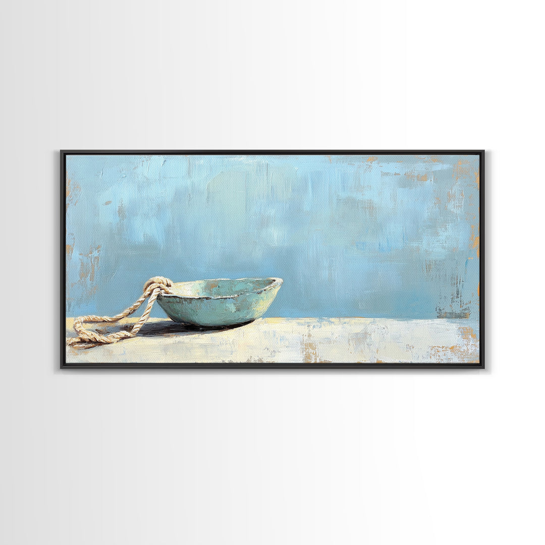 Weathered Blue Bowl With Rope Nautical Wall Art, Coastal Home Decor, Beach House Canvas Print, Minimalist Ocean Wall Decor