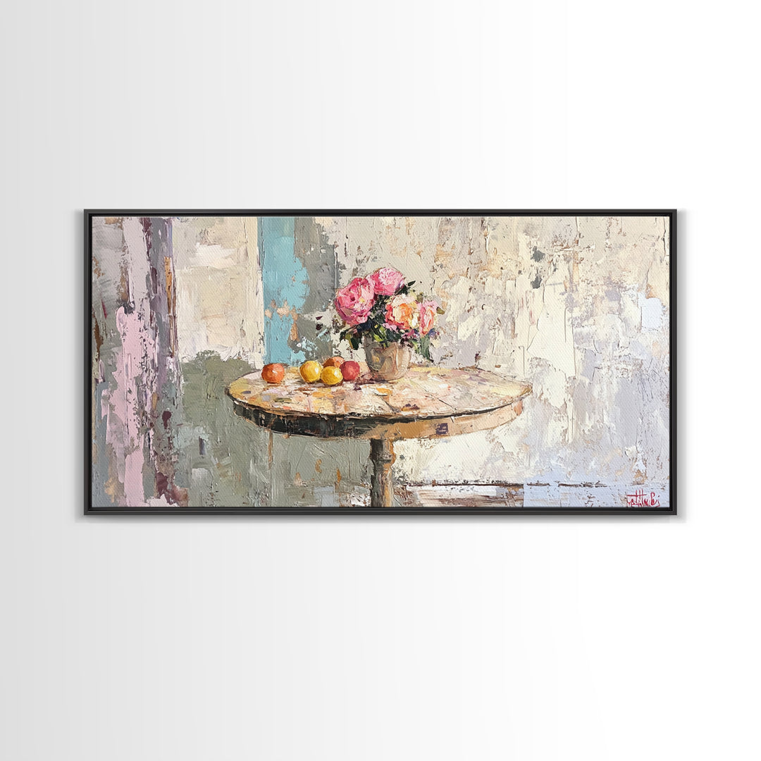 Round Cafe Table With Roses And Fruit Wall Art, French Country Kitchen Decor, Floral Still Life Canvas Print, Housewarming Gift