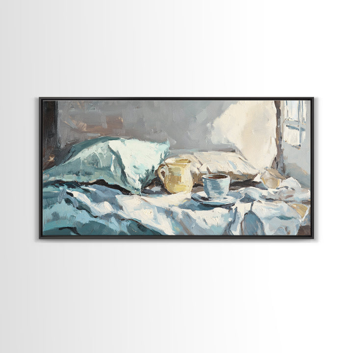 Morning Coffee In Bed With Blue Linens Wall Art, Cozy Bedroom Canvas Print, Guest Room Decor, Above Bed Art Gift For Her