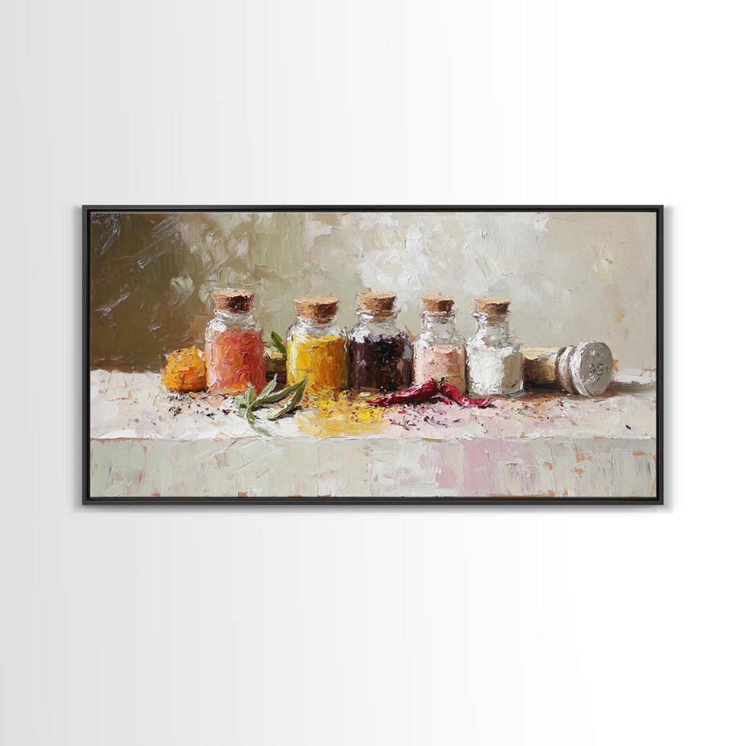 Kitchen Spice Bottles With Chili And Herbs Wall Art, Rustic Canvas Print, Foodie Kitchen Decor, Dining Room Art Gift For Chef