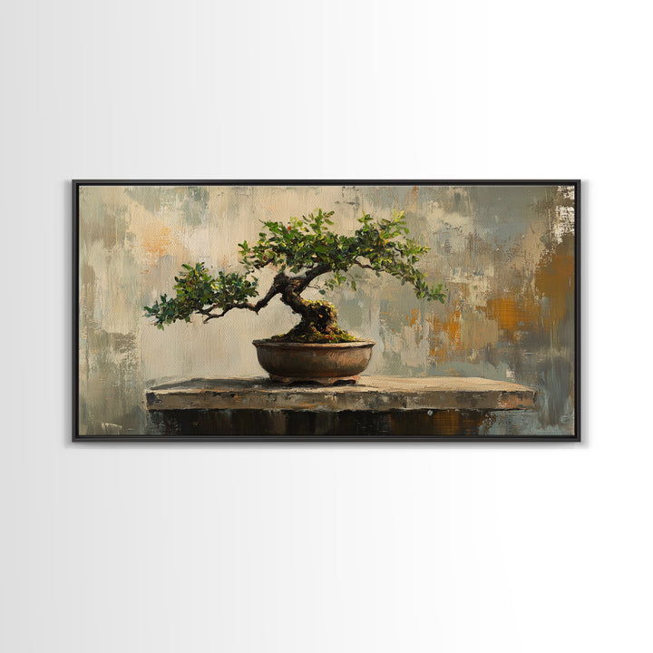 Textured Bonsai Tree In Rustic Pot Framed Canvas Print, Japandi Zen Home Decor, Nature Wall Art, Office Decor Housewarming Gift