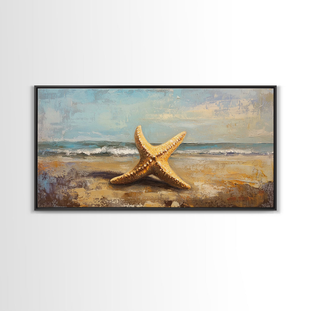 Golden Starfish On Sandy Beach Canvas Print, Coastal Wall Art, Ocean Wall Decor, Beach House Decor, Summer Home Decor Gift