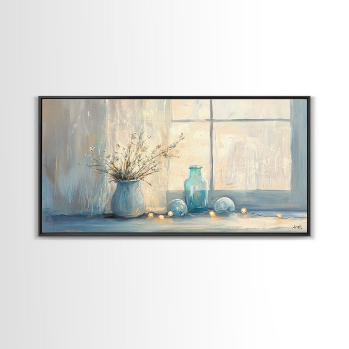 Soft Blue Window Still Life With Vase Canvas Print, Calming Wall Art, Cozy Bedroom Decor, Neutral Home Decor Gift For Her