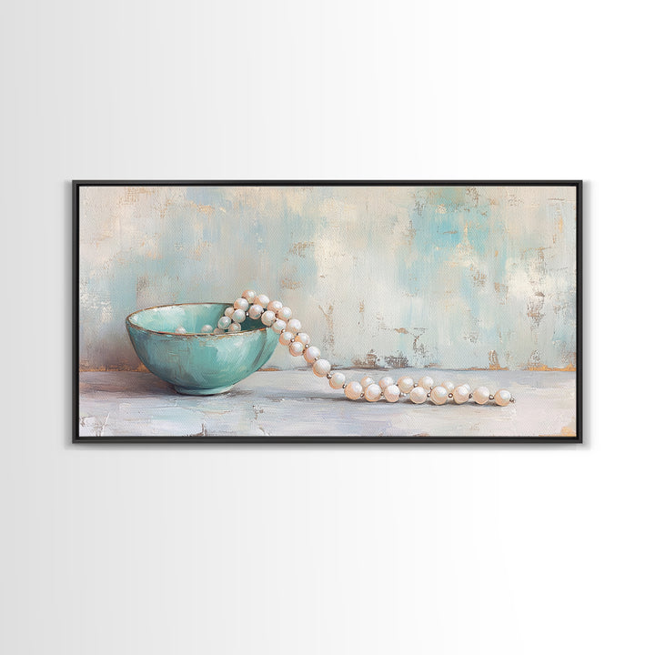 Turquoise Bowl With Pearl Strand Wall Art, Feminine Still Life Art Print, Coastal Bathroom Decor, Elegant Home Decor Gift