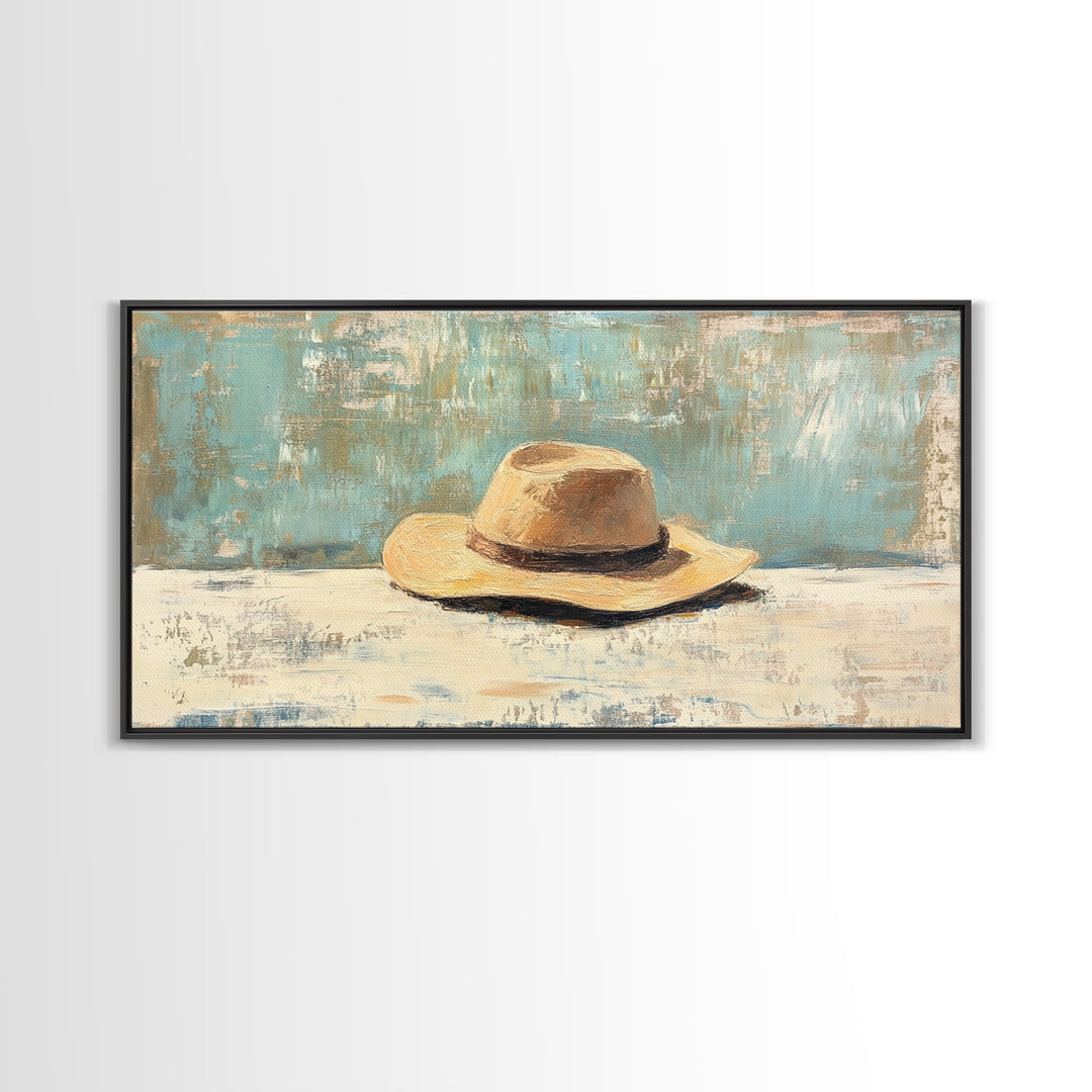 Rustic Straw Cowboy Hat Wall Art, Western Home Decor, Farmhouse Country Art Print, Masculine Framed Canvas Print Gift For Him