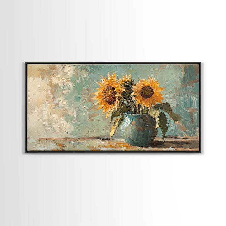 Sunflowers In Turquoise Pitcher Wall Art, Rustic Floral Decor, Country Kitchen Art Print, Farmhouse Framed Canvas Print Gift