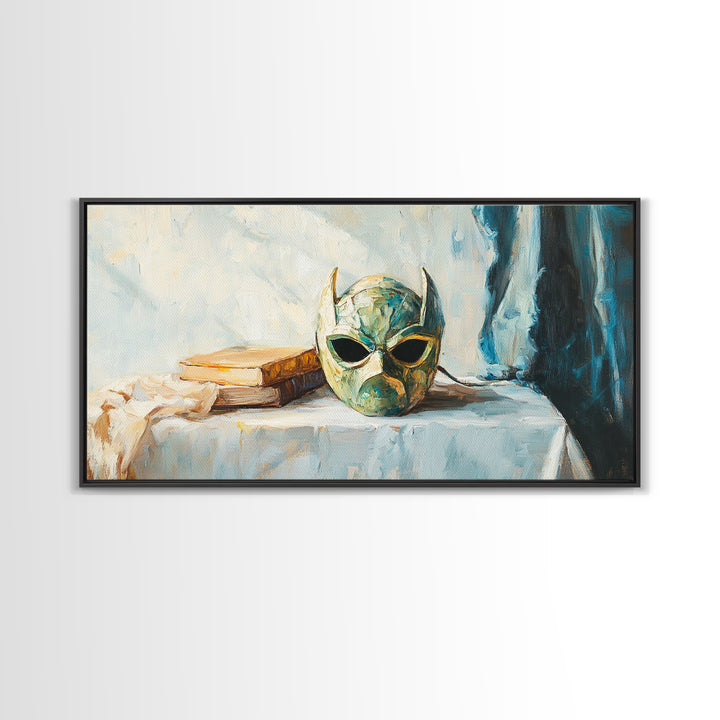 Green Masquerade Mask And Books Wall Art, Gothic Library Decor, Fantasy Dark Academia Art Print, Framed Canvas Print Gift