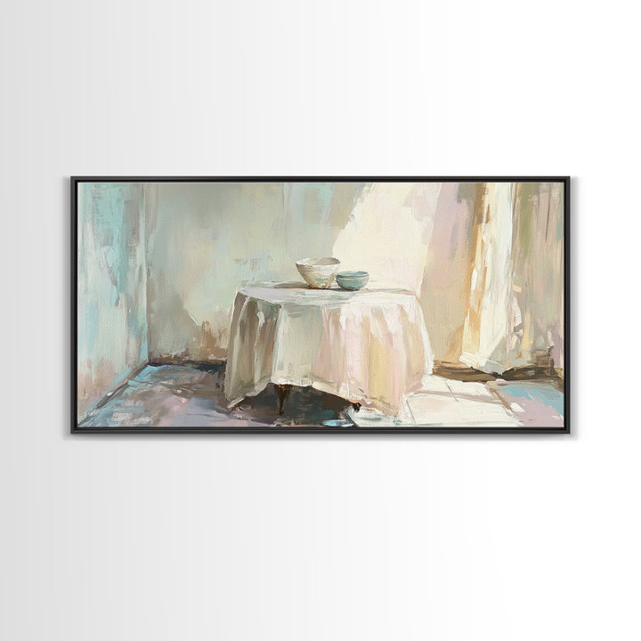 Sunlit Table With Teacups Wall Art, Minimalist Neutral Decor, Cozy Dining Room Art Print, Japandi Framed Canvas Print Gift