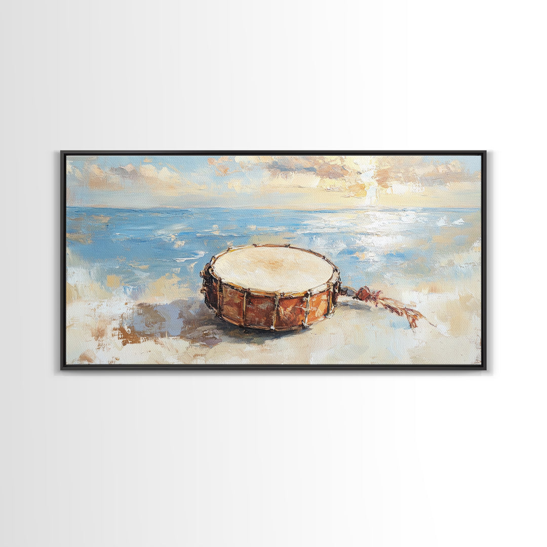 Weathered Beach Drum At Sunrise, Coastal Seascape Framed Canvas Print, Ocean Wall Art, Nautical Decor, Beach House Decor Gift