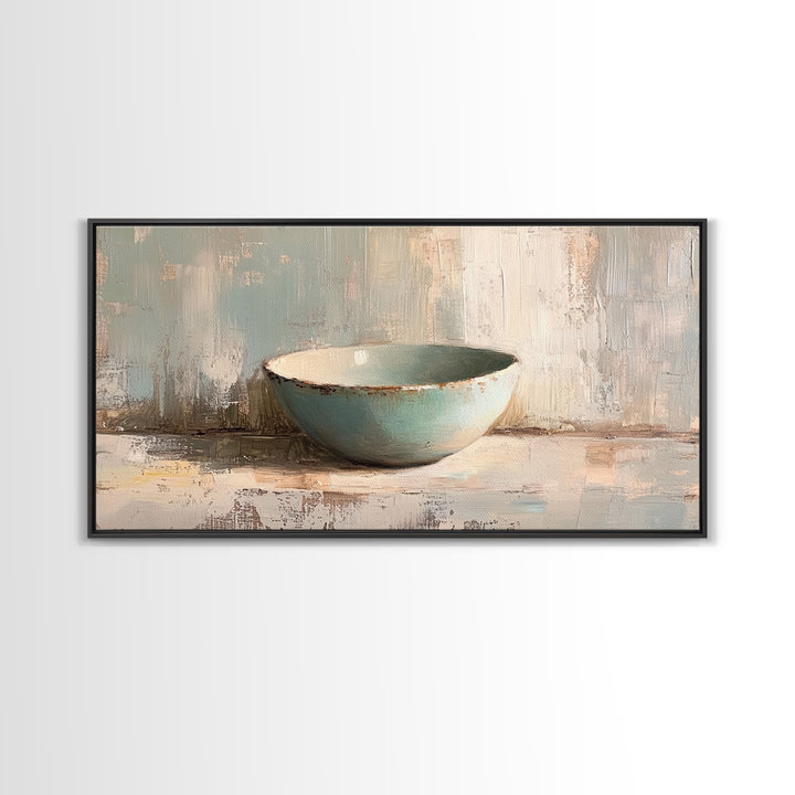 Turquoise Ceramic Bowl Still Life, Minimalist Framed Canvas Print, Neutral Wall Art, Wabi Sabi Decor, Modern Kitchen Art