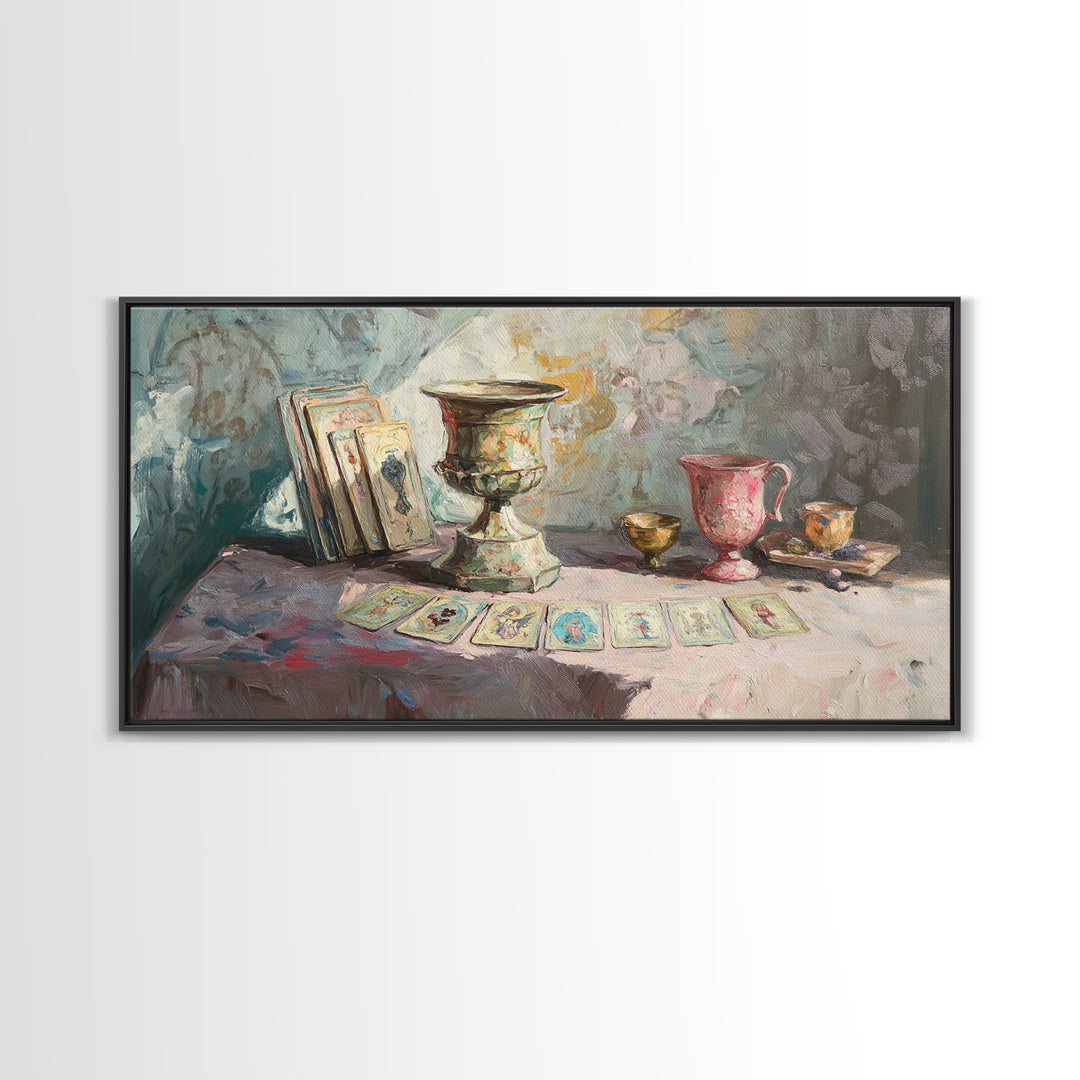 Tarot Cards And Antique Goblets, Mystical Still Life Canvas Print, Witchy Wall Art, Dark Academia Decor, Unique Spiritual Gift