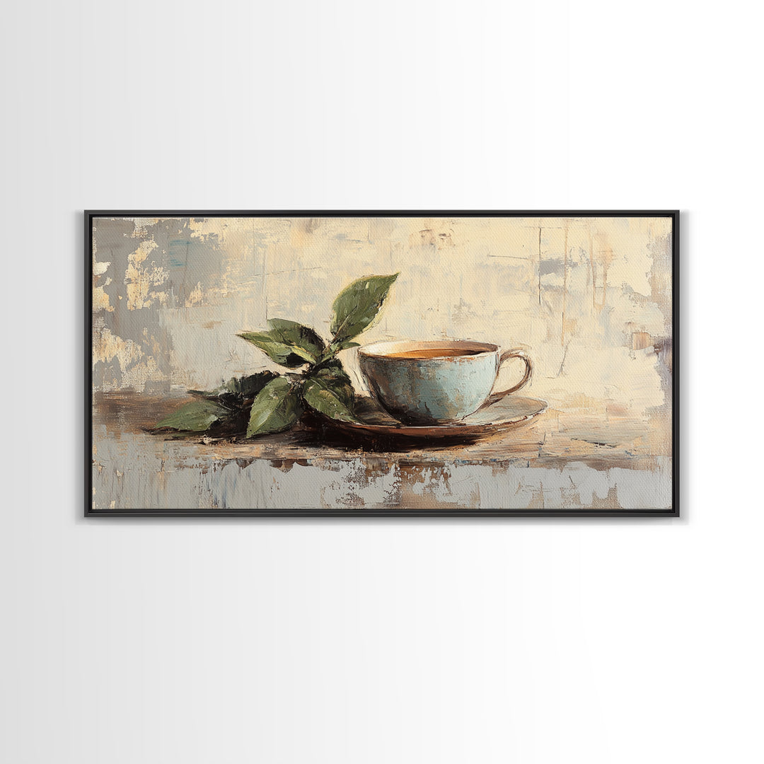Leafy Coffee Cup Still Life, Rustic Kitchen Canvas Print, Botanical Wall Art, Coffee Bar Decor, Neutral Home Decor Housewarming Gift