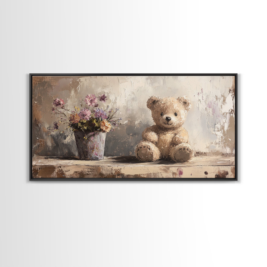 Teddy Bear With Wildflowers, Sweet Nursery Framed Canvas Print, Whimsical Wall Art, Kids Room Decor, Cute Baby Shower Gift