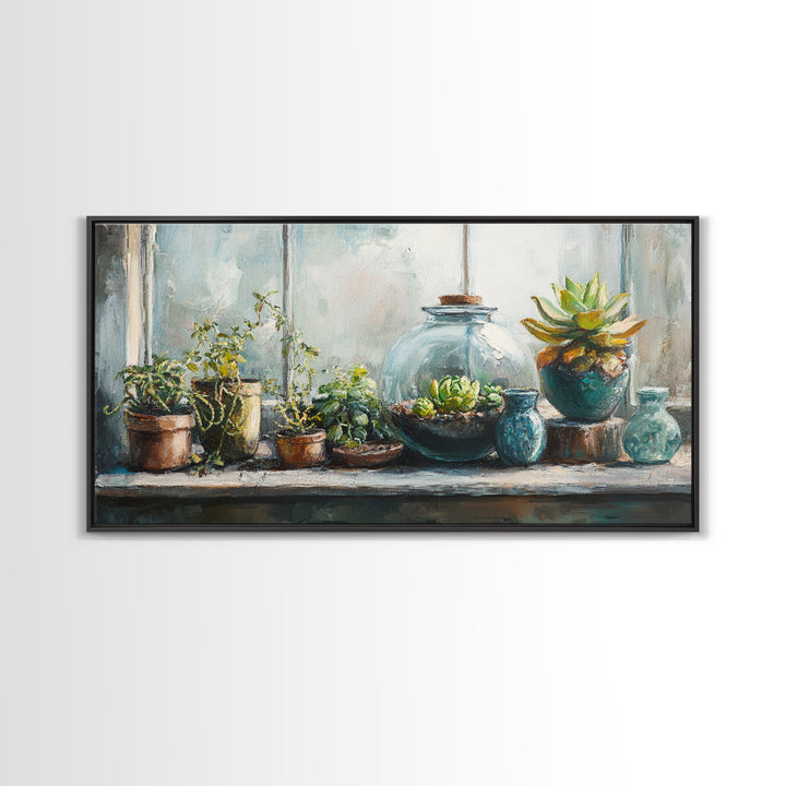 Sunlit Succulent And Potted Plant Wall Art, Botanical Canvas Print, Boho Plant Decor, Nature Inspired Home Decor, Living Room Decor