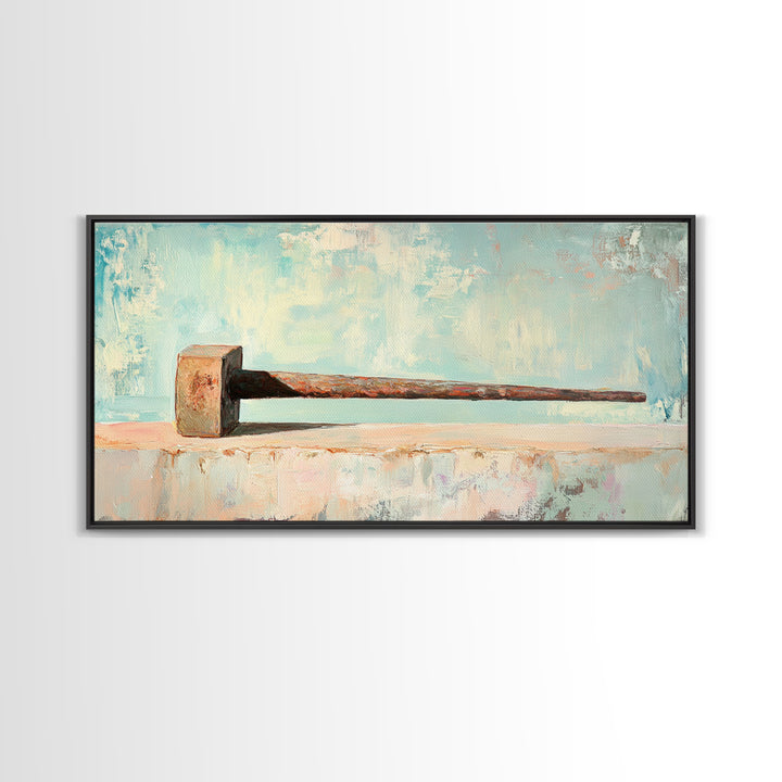 Rusty Hammer On Pale Blue Shelf Wall Art, Industrial Tool Canvas Print, Garage Decor, Workshop Office Decor, Gift For Him