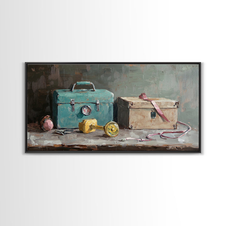 Turquoise Toolbox And Cardboard Box Wall Art, Industrial Still Life Canvas Print, Garage Decor, Workshop Office Decor, Gift For Him