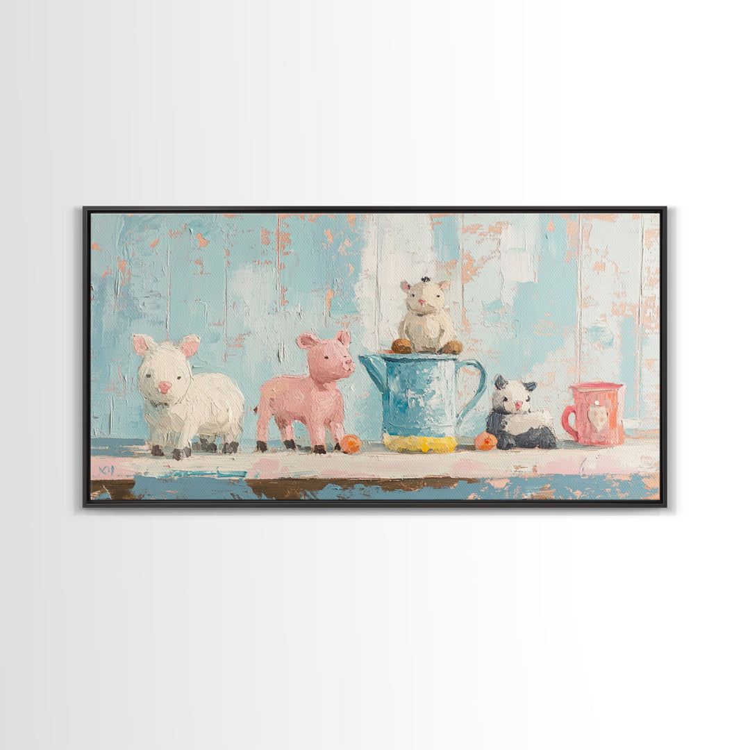 Sweet Farm Animal Toys On Shelf Wall Art, Whimsical Nursery Canvas Print, Kids Room Decor, Baby Animal Art, Gift, Playroom Decor