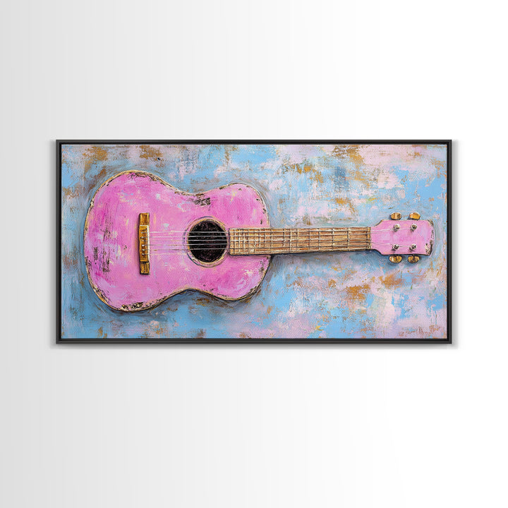 Pink Acoustic Guitar Painting Canvas Print, Music Studio Wall Art, Retro Music Room Decor, Gift For Guitar Lover And Home Decor
