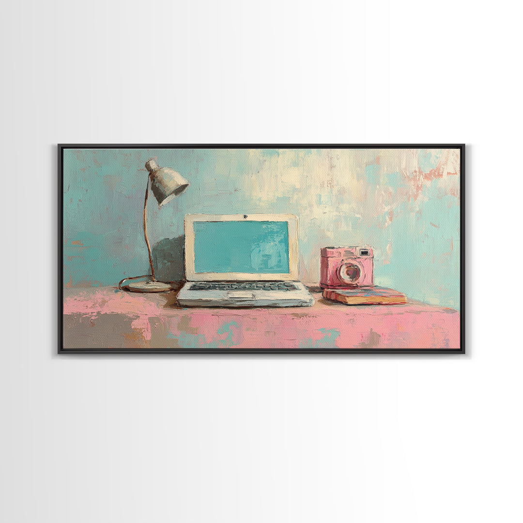 Pastel Laptop Lamp And Camera Desk Wall Art, Home Office Decor, Tech Lover Art Print, Modern Study Room Canvas Print For Apartment Decor