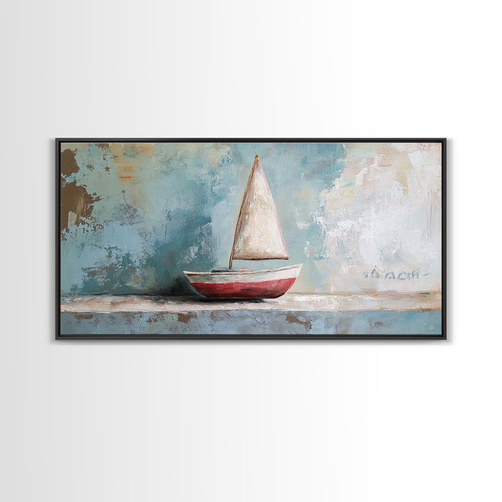 Red And White Sailboat Still Life Canvas Print, Nautical Wall Art, Coastal Home Decor, Beach House Gift And Ocean Nursery Decor
