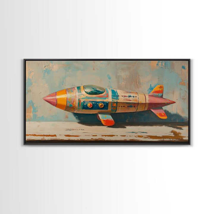 Retro Tin Toy Rocket Framed Canvas Print, Space Wall Art, Sci Fi Nursery Decor, Boys Room Art Gift For Space Lover Retro Space Decor