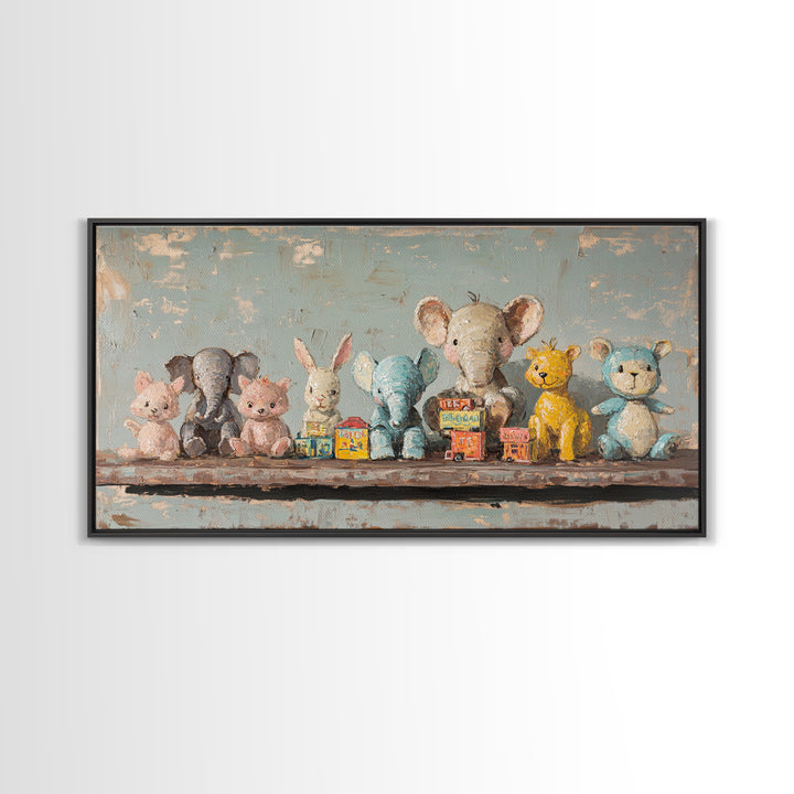 Stuffed Animal Shelf Framed Canvas Print, Nursery Wall Art, Kids Room Decor, Safari Animal Art, Whimsical Baby Shower Gift