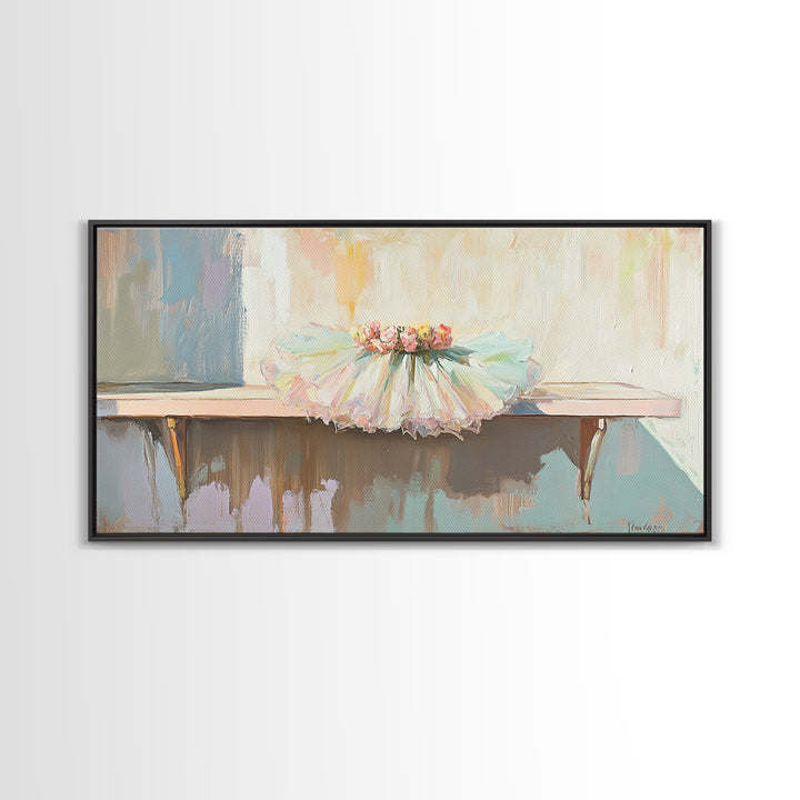 Pastel Ballet Tutu On Barre Wall Art, Girls Room Decor, Dance Studio Decor, Nursery Wall Art, Feminine Framed Canvas Print